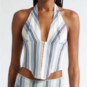 NWT Miaou Mara Stripe Corset Halter Top Sz Large L Black Blue Stripe Chic Casual